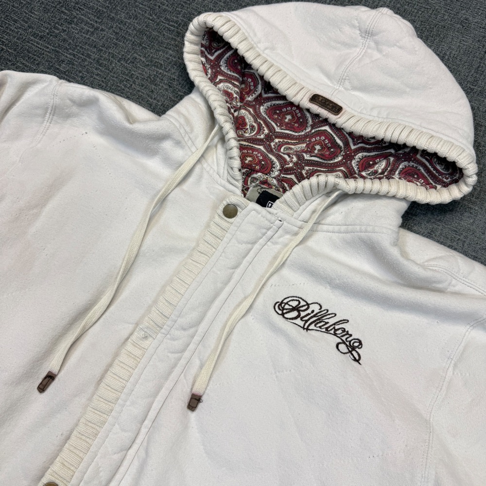 Billabong Sweatshirt Mens XXL Paisley Lined Full Zip Hoodie Cream Quilted Y2K